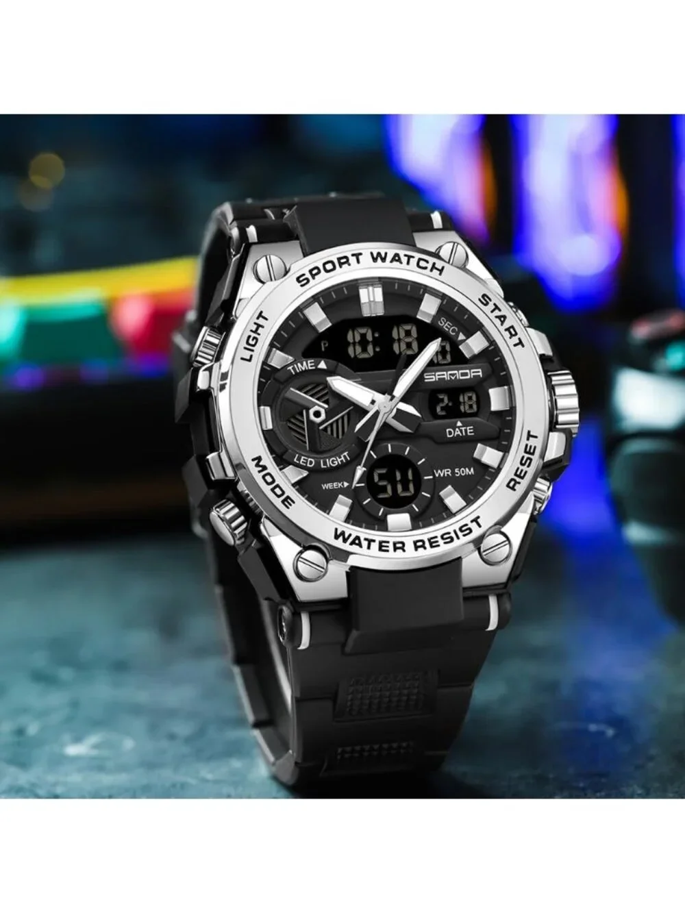 Men's Black And White Analog Quartz Sports Waterproof Military LED Digital Watch